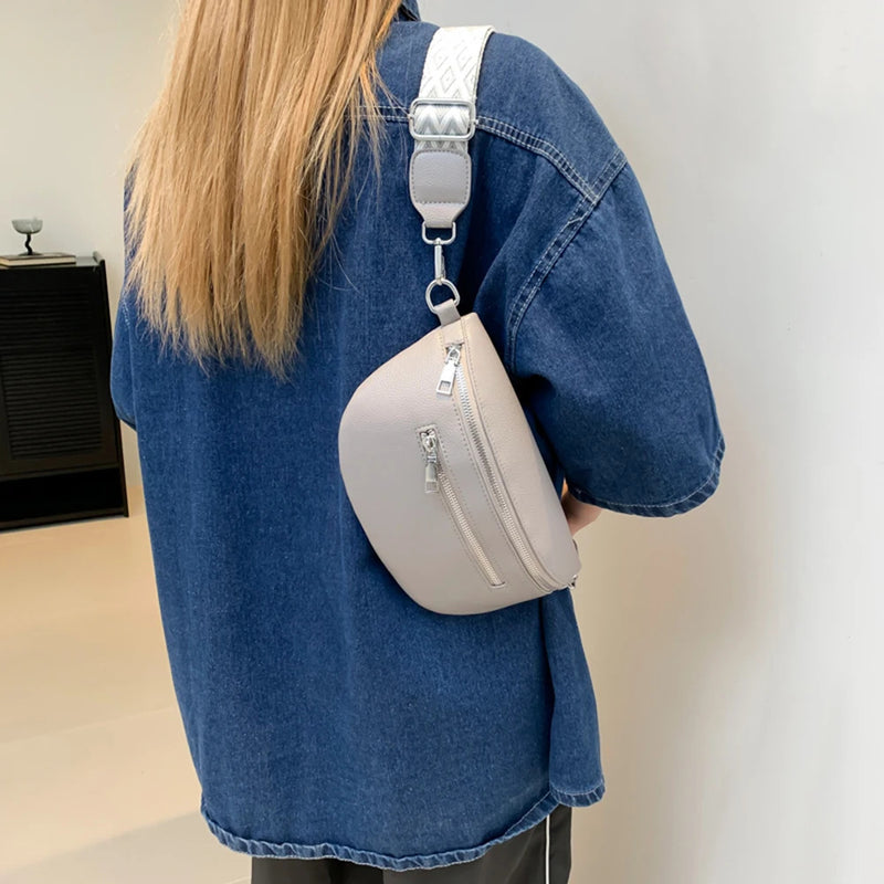 Women's Waist Bag Multi-pocket Street Fanny Pack PU Leather Chest Bag Fashion Wide Strap Crossbody Bag Retro Solid Shoulder Bags