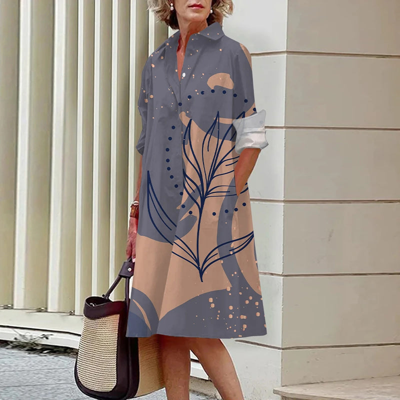 Floral Pattern Shirt Dress Elegant Women's Summer Casual Lapel Long Sleeve Midi Dress High Temperament Fashion Street Shirt