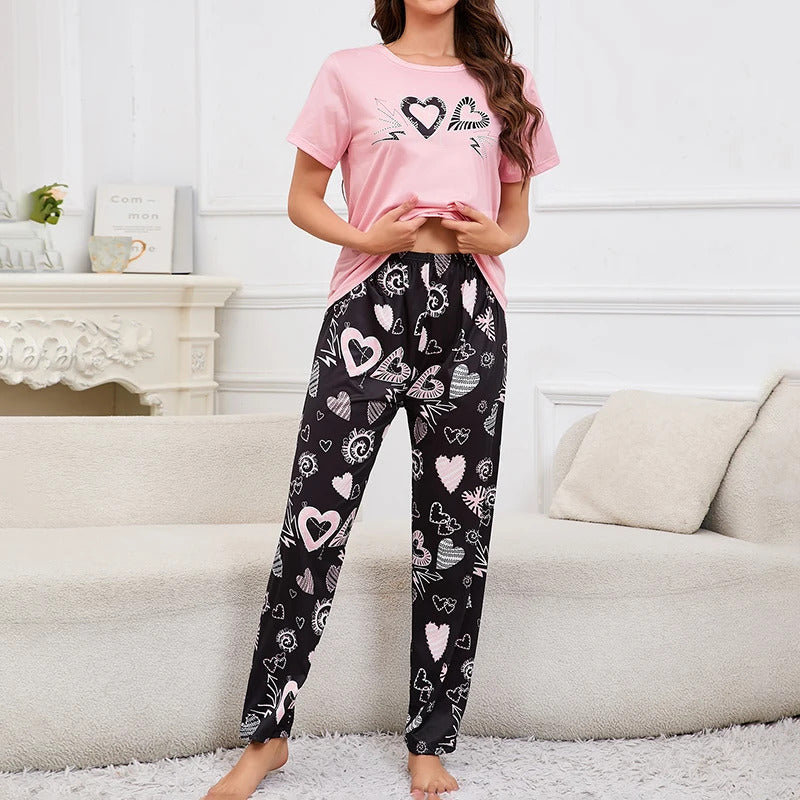 Women's Short Sleeve Crew Neck Top With Shorts And Pants 3 Piece Loungewear Sleepwear Lounge Sets Nighty Print Casual Pajama Set