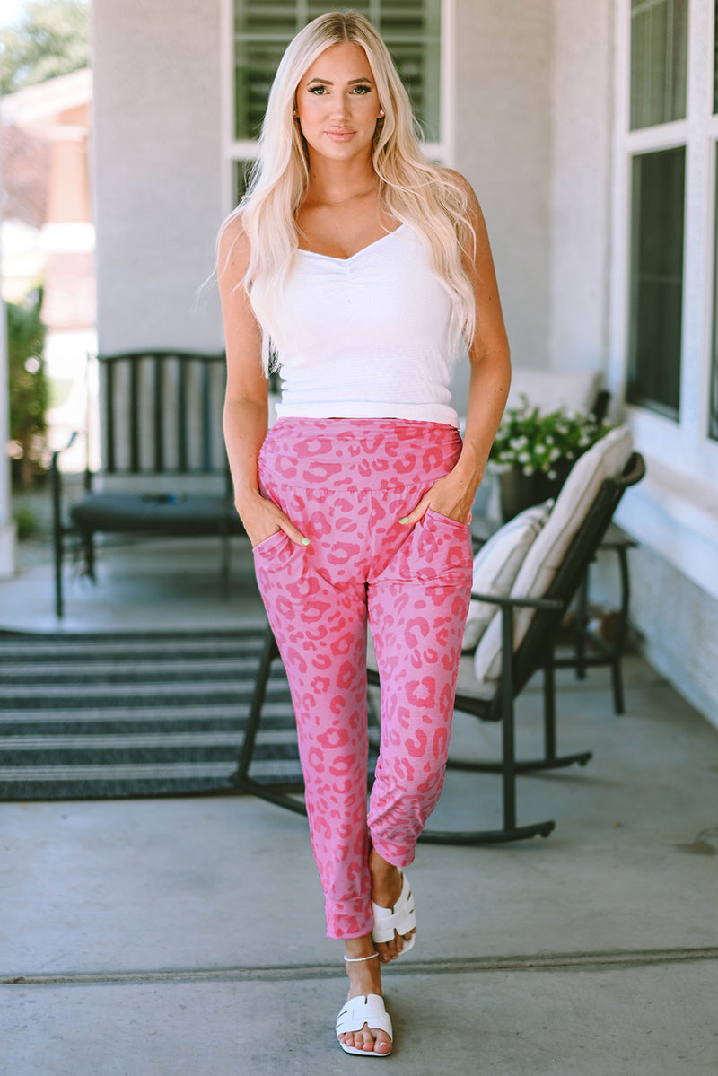 Pink Leopard Print Ankle-length High Waist Skinny Pants