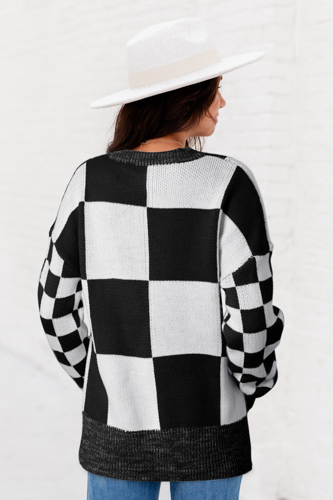 Medium Grey Checkered Print Drop Shoulder Sweater