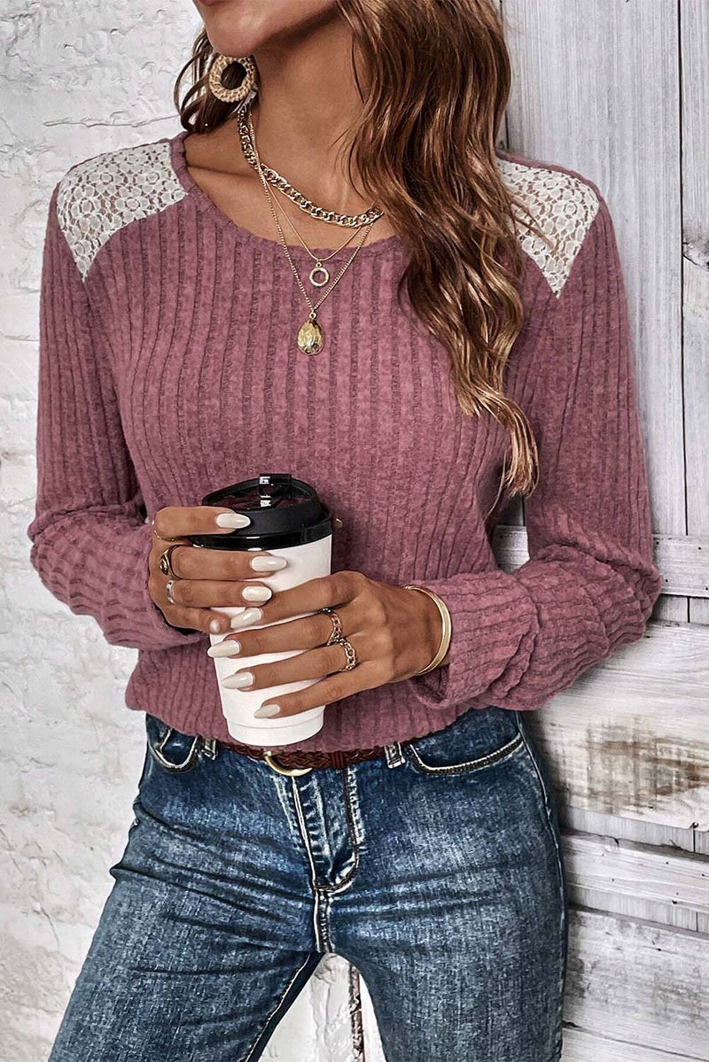 Pink Ribbed Knit Lace Patch Shoulder Casual Sweater