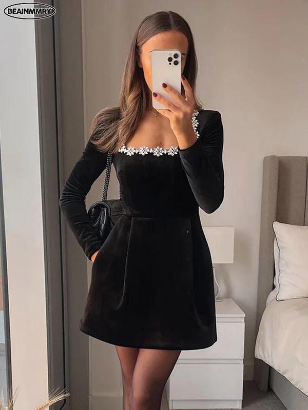 Velvet Long Sleeve Square Neck Mini Dresses Autumn Winter Fashion Women High Waist Short Gowns Elegant Lady Evening Party Dress