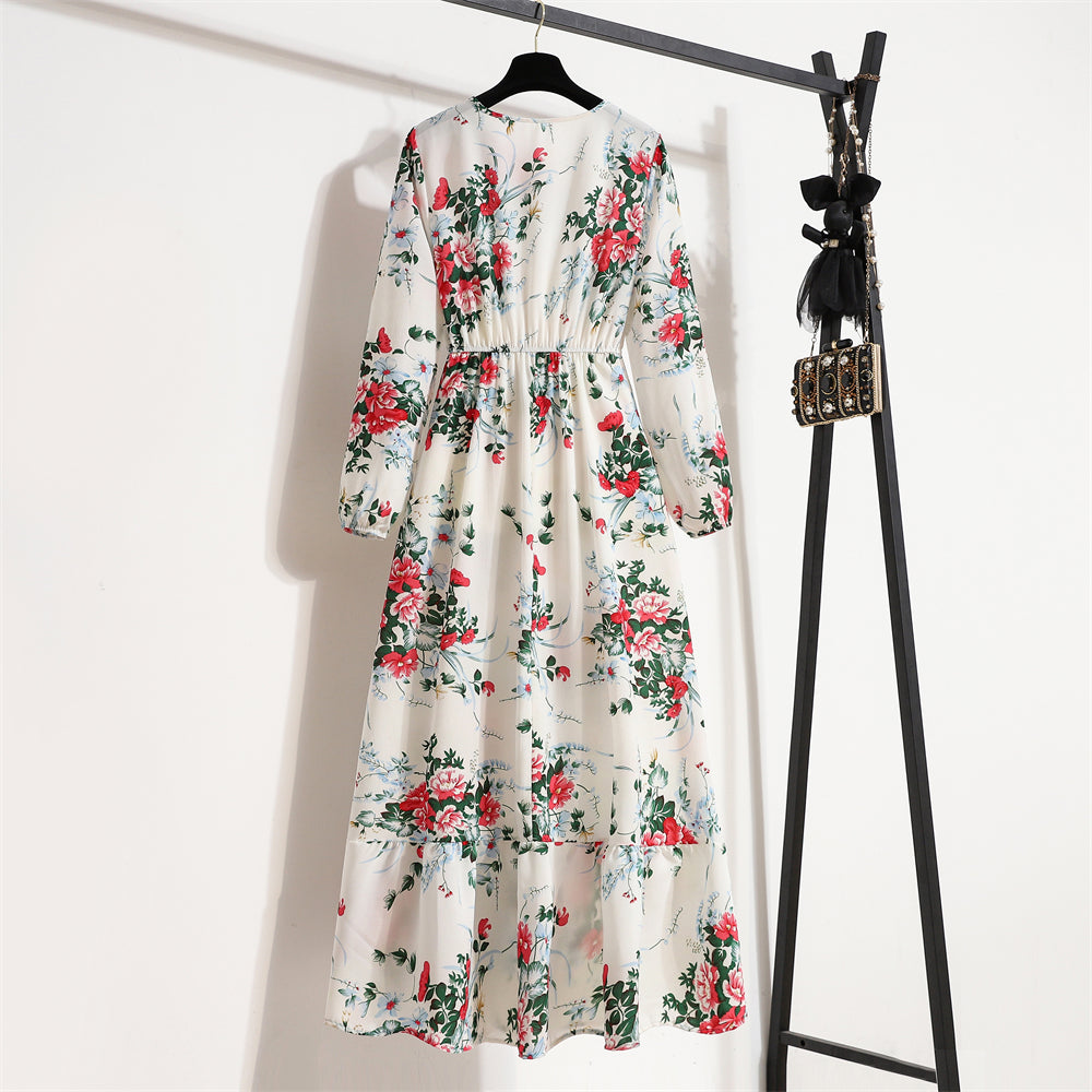 Women Maxi Dresses Sping Autumn Bohemian Casual Full Sleeve High Waist Beach Woman Chiffon Dresses Floral Vestidoes Long Dress