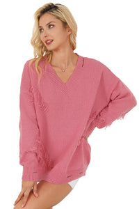 Pink Distressed Fringed Detail V Neck Baggy Sweater