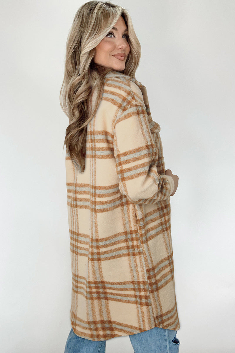 Brown Plaid Print Flap Pockets Button-up Long Jacket