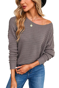 Brown Textured Knit Round Neck Dolman Sleeve Sweater