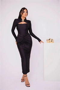 Mozision Hollow Out Long Sleeve Sexy Maxi Dress For Women Gown Autumn Winter New Metal Buckle Ruched Slit Long Dress Elegant