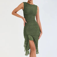 Sexy Elegant Ruffle Ruched Midi Dress For Women Robe Summer Backless Sleeveless Irregular Club Party Dress Gauze Female Vestido