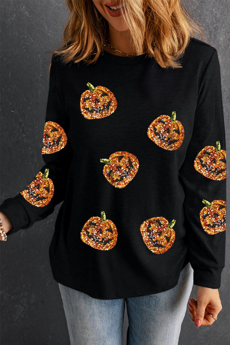 Black Halloween Sequin Pumpkin Face Pullover Long Sleeve Top