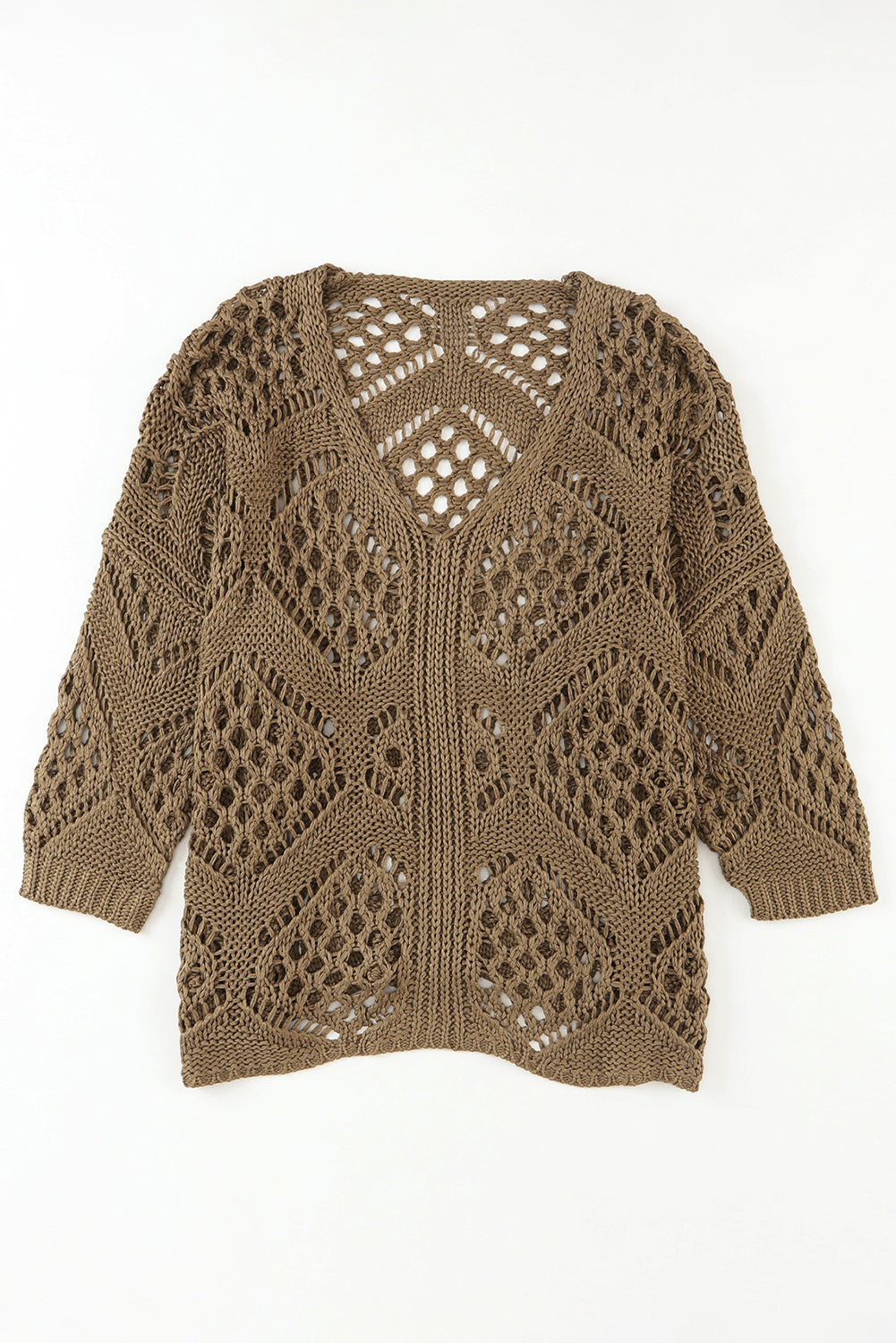 Khaki Hollowed Knit V Neck Dolman Sleeve Sweater