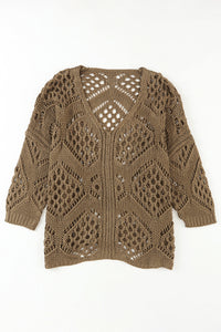 Khaki Hollowed Knit V Neck Dolman Sleeve Sweater