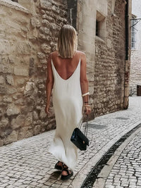 Elegant White V-neck Split Women Maxi Dress Fashion Backless Sleeveless Sling Dresses 2024 Summer Lady Beach Vacation Vestidos