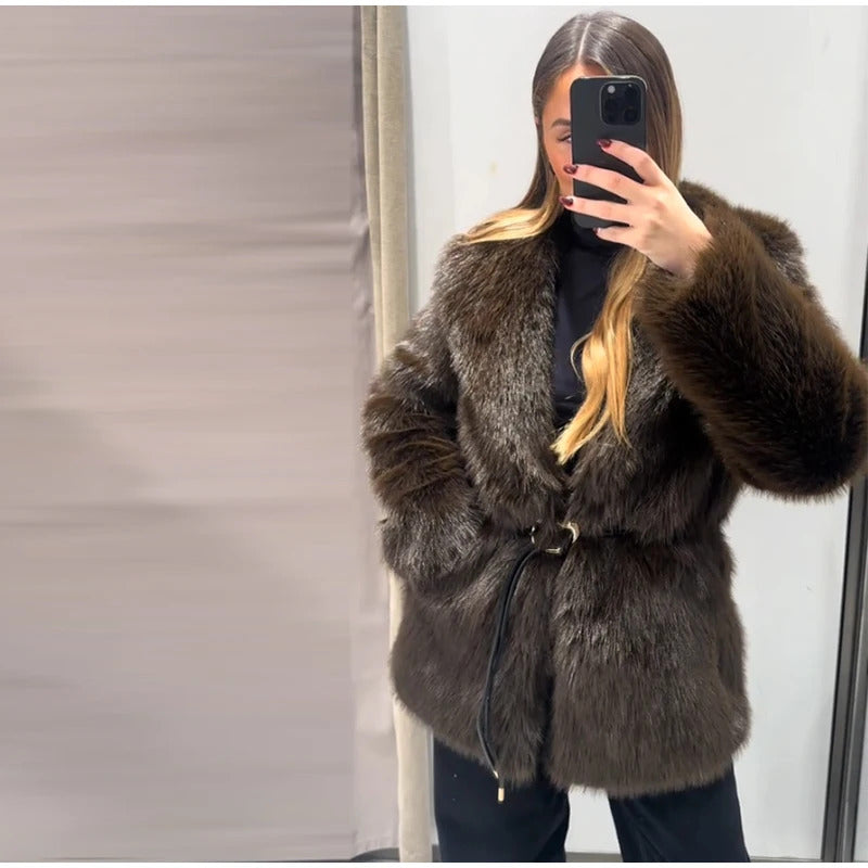 Street Women's Long Fluffy Fur Coat With Belt Slim Lapel Long Sleeve Thicken Overcoat 2024 Winter Lady Elegant Luxury Outwear