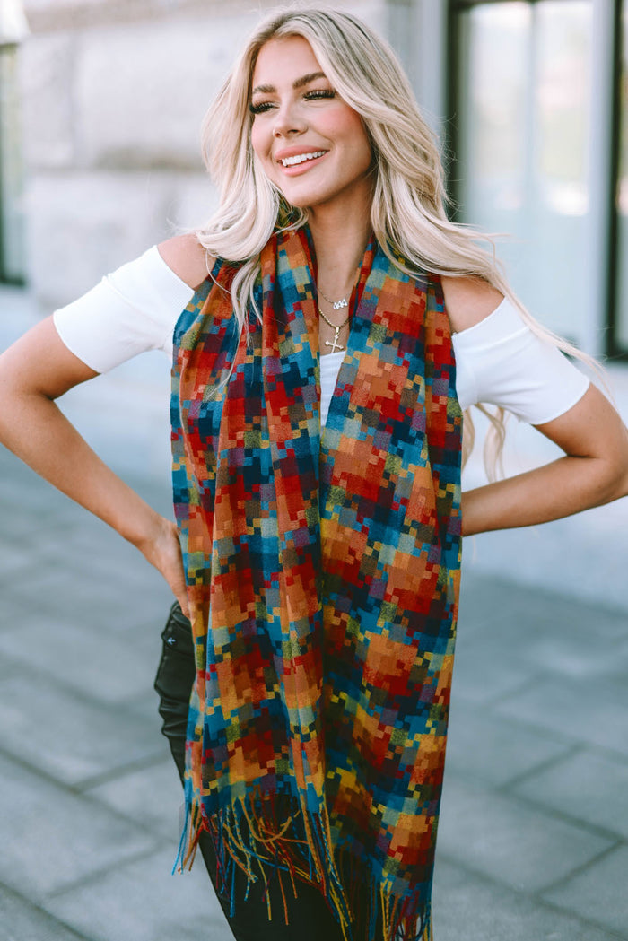 Orange Color Block Plaid Print Tasseled Large Scarf