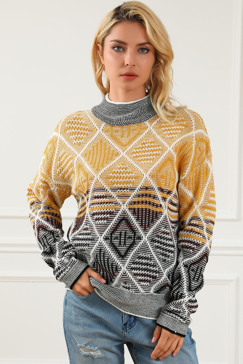 High Neck Geometric Colorblock Sweater