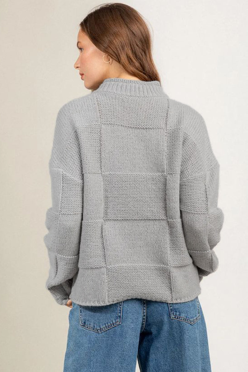 Gray Mock Neck Checkered Textured Sweater