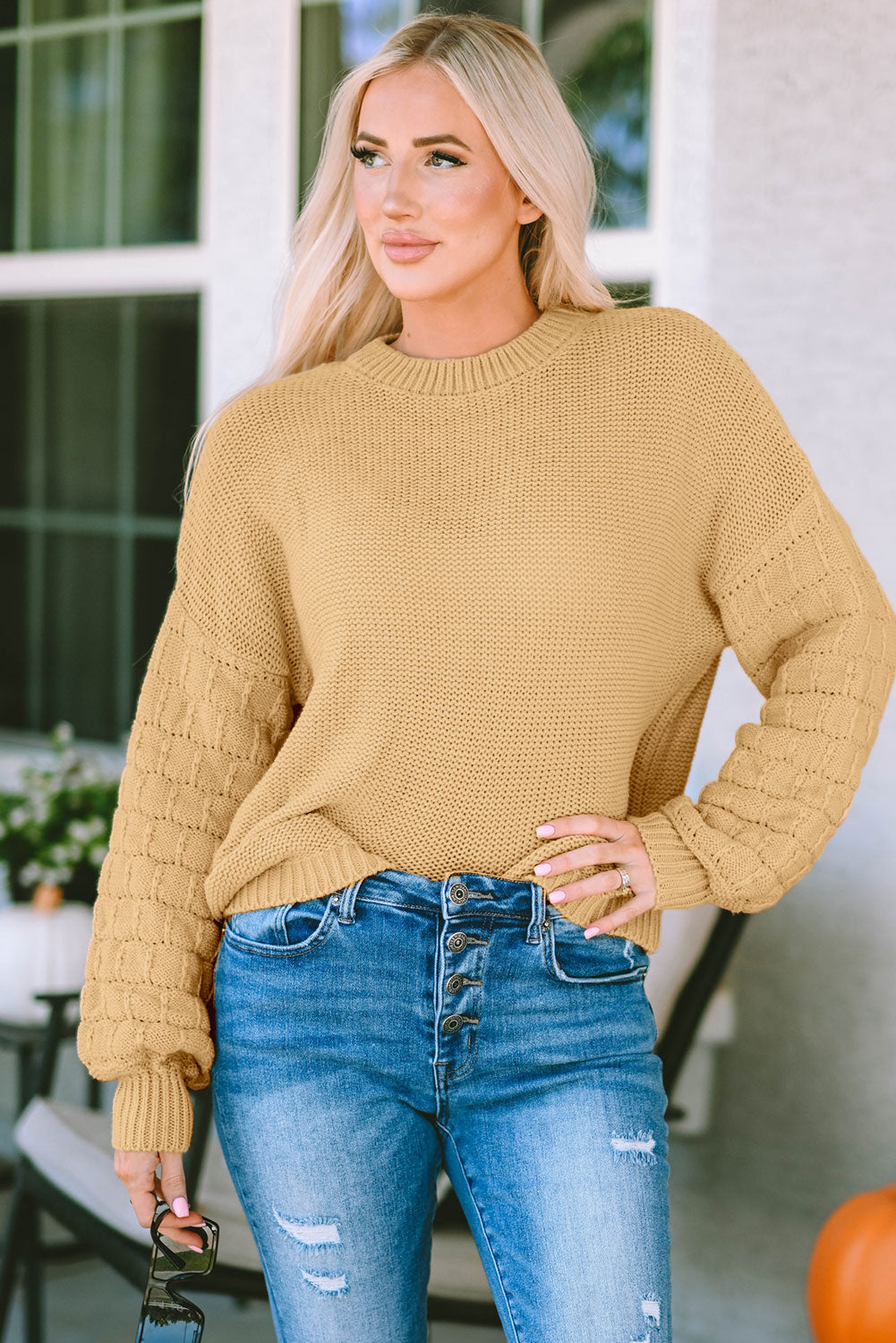 Khaki Hollowed Bubble Sleeve Knit Sweater