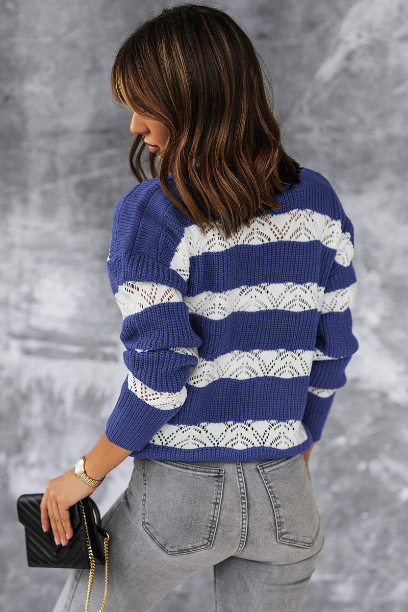 White Striped Colorblock Knit Sweater