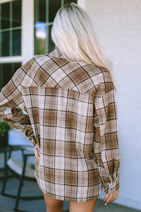 Brown Plaid Print Chest Pockets Shacket