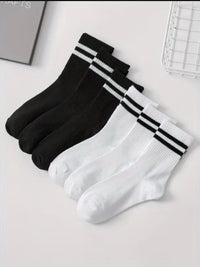 5 Pairs Women's Comfortable Patriotic Mid Calf Socks Cotton Blend, Breathable, Chic Knit Stripe/Star Pattern