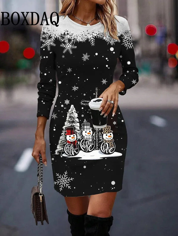 New 2025 Women Christmas Party Dress Cute Funny X-mas Snowman Snowflake 3D Printed Dress Winter Long Sleeve O-Neck Casual Dress