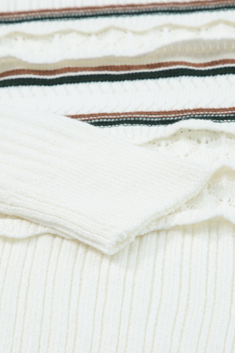 White Striped Ribbed Scalloped Detail Knit Sweater