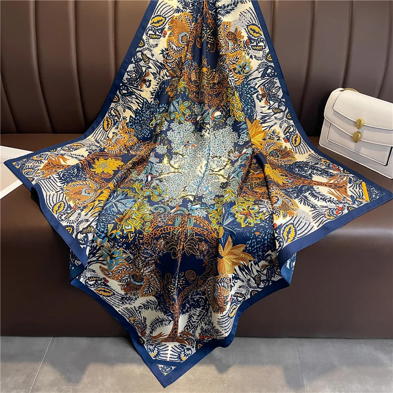 90cm Silk Twill Square Scarf For Women Spring Print Hair Band Hijab Foulard Sunsceen Neckerchief Shawl Wraps Echarpe New