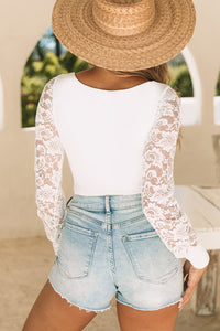 White Lace Sleeves Square Neck Bodysuit