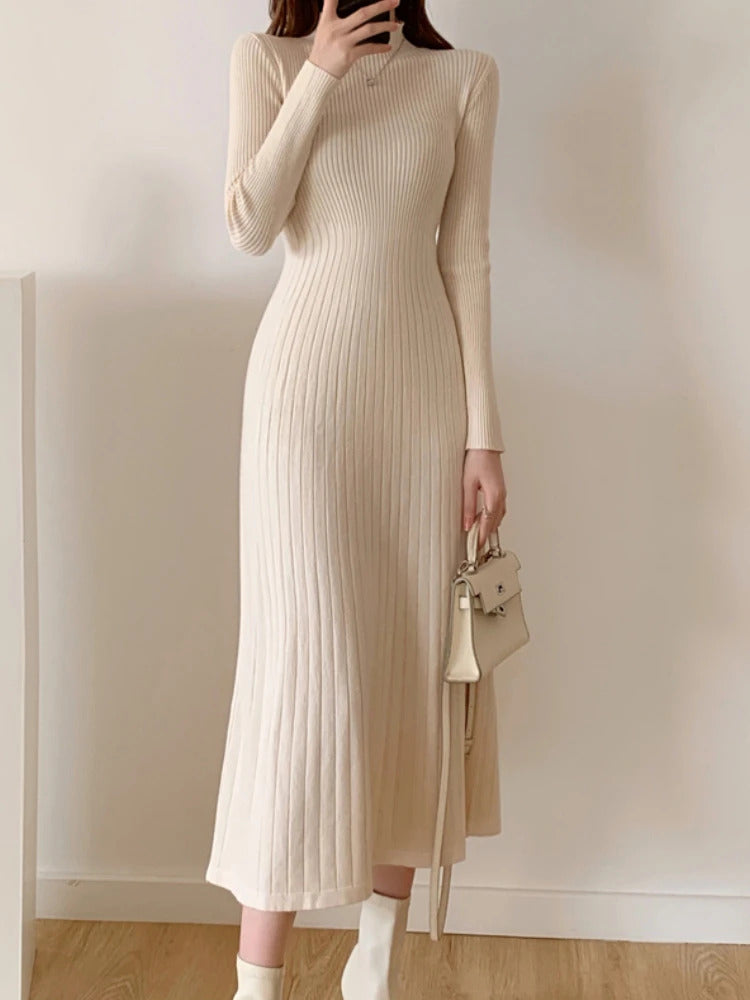 Autumn Winter 2023 Slim Long Sleeve Party Midi Dress for Women Knitted Half High Collar Elegant Knitted Sweater Dresses Ladies