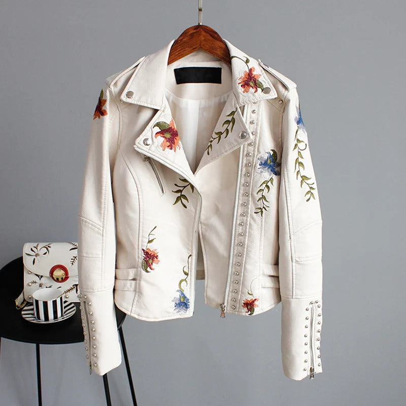 Ly Varey Lin Floral Print Embroidery Faux Soft Leather Jacket Women Pu Motorcycle Coat Female Black Punk Zipper Rivet Outerwear