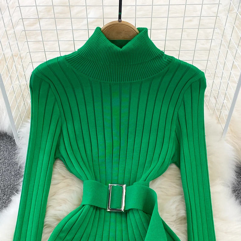 YuooMuoo Ins Hot Turtleneck Sexy Wrap Hips Knitted Dresses Women 2023 Autumn Winter Long Sleeve Bodycon Sweater Dress with Belt