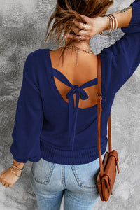 Blue Drop Shoulder Back Cut-out Sweater with Tie