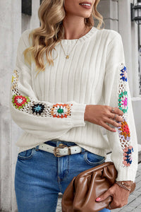 White Floral Crochet Sleeve Ribbed Knit Sweater