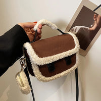 2023 Winter New Women's Plush Small Square Bag Color Contrast Design Single Shoulder Crossbody Bag Brown Handbag