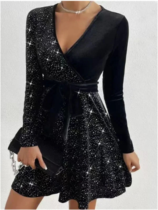 Sexy Deep V-Long Sleeved Sequined Dress Women's Party Solid Mini Dresses Elegant Autumn Evening Gown Dress