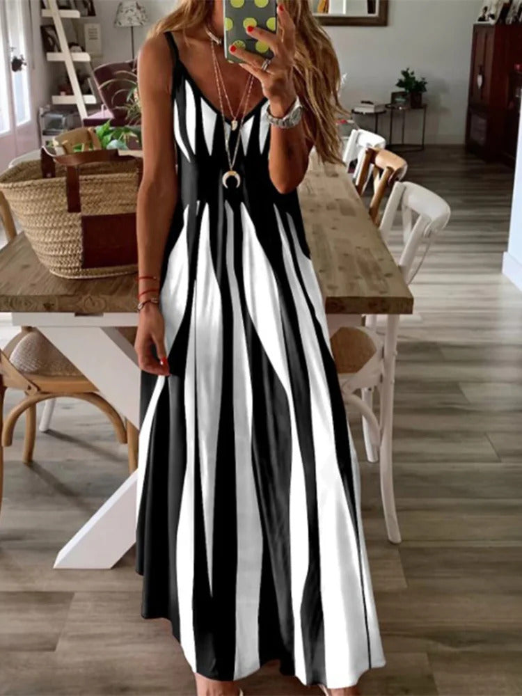 Sexy Sleeveless Dress Women Black White Stripe Printed Long Dresses Summer Casual Vacation Party Dress Robe