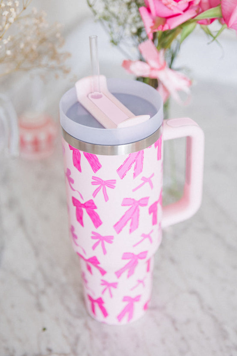 Pink Cute Bowknot Printed Tumbler with Handle 40oz