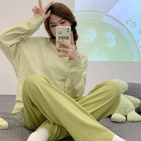 Women's Loose Round Neck Cute Kitty Homewear Pajamas Women's Simple Leisure Long Sleeve Long Pants Two-piece Suit Pajamas  Women