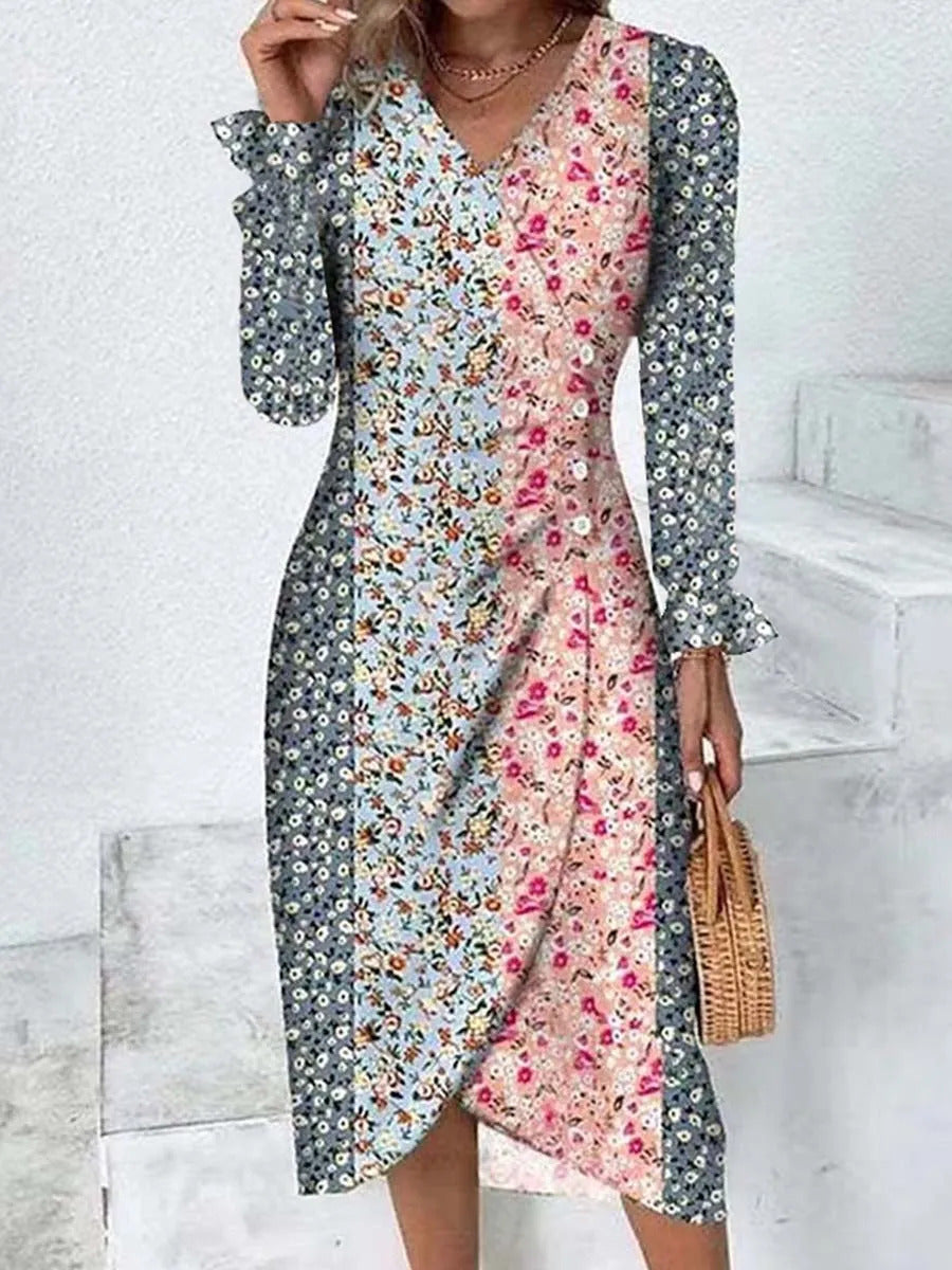 Spring Floral Bodycon Midi Dress For Women V Neck Long Sleeve Ruched Slim Fit Dresses Female Sexy Vestido Robe