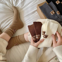 1 Pair Autumn Winter Solid Warm Velvet Thickened Pile Socks Embroidered Logo Mid-Calf Length Socks Casual Cotton Snow Boot Socks