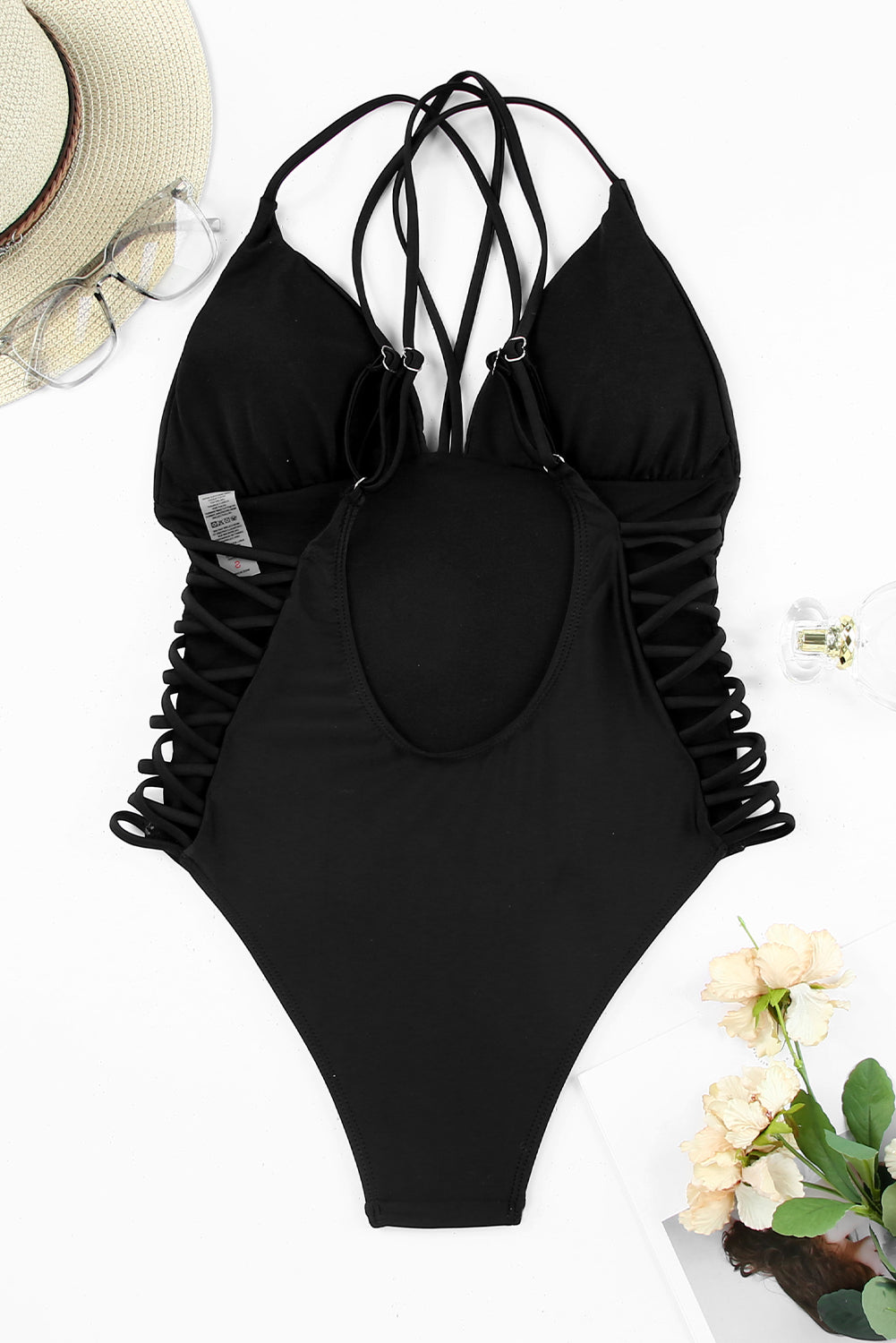 Black Criss Cross Backless Deep V Neck One Piece Swimsuit