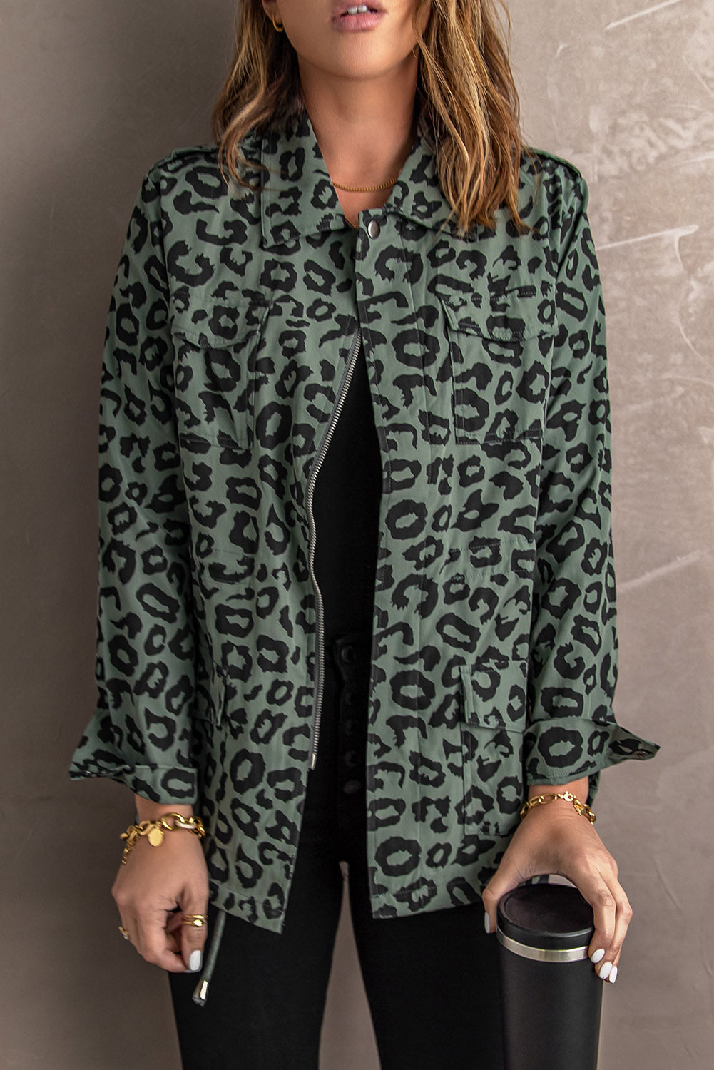 Green Lapel Collar Zipper Drawstring Leopard Coat