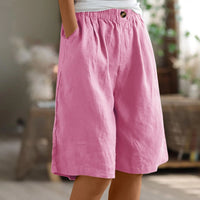 Women's Fashion Solid Color Pants Pocket Button Up Capris Loose Elastic Waist Cotton Linen Shorts