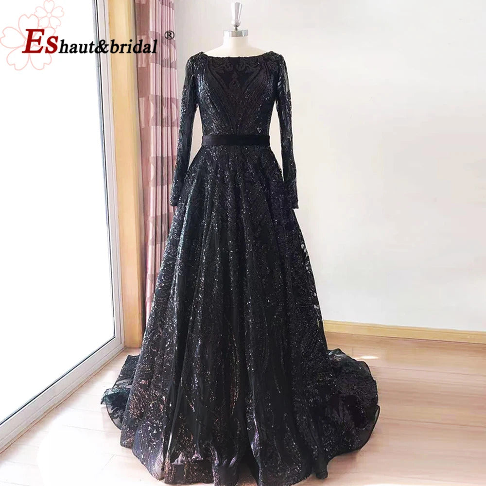 Dubai A-Line Luxury Wedding Evening Dress for Women Muslim 2024 Long Sleeves Sequin Plus Size Formal Prom Party Gown Customized