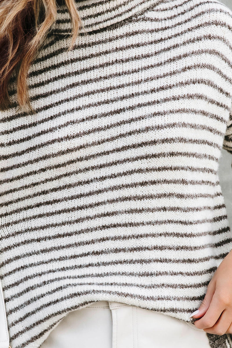 Khaki Striped Turtleneck Loose Sweater