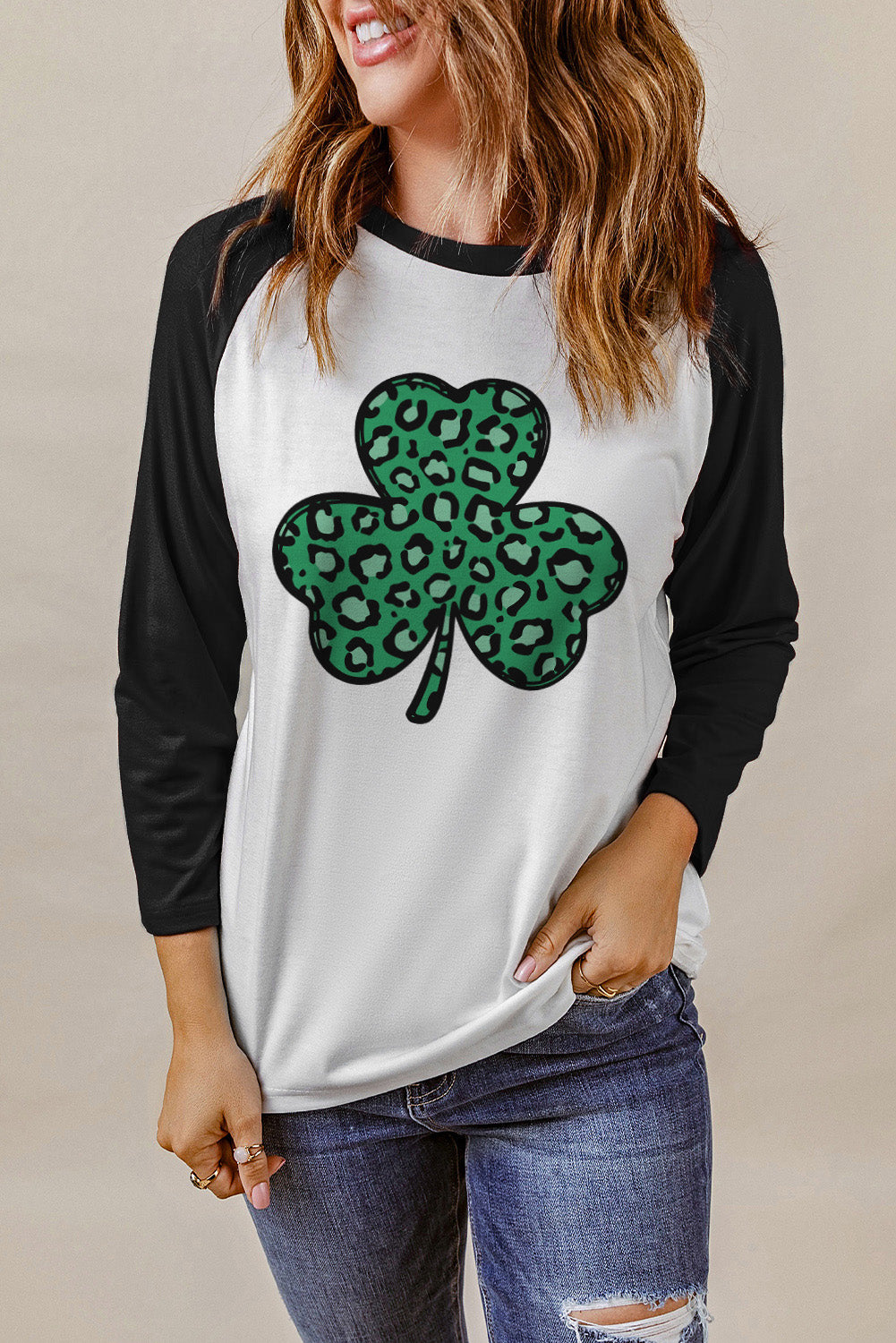 Black Leopard Spotted Clover St Patrick Graphic Long Sleeve Tee