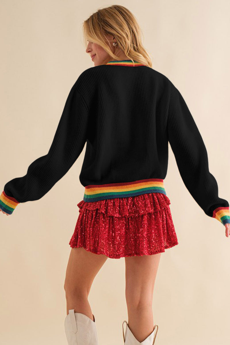 Black Glitter Merry & Bright Colorful Stripes Trim Sweater