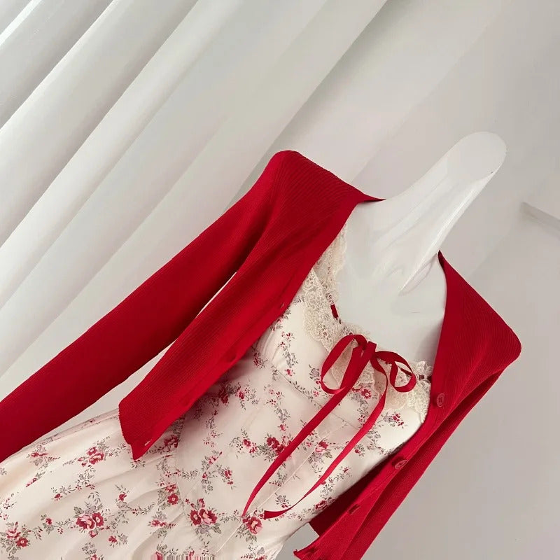 2024 New Sweet Floral Dress Set Woman Casual Red Short Cardigan Elegant Lace Y2k Mini Dress Beach Korean Fashion Clothing Suit