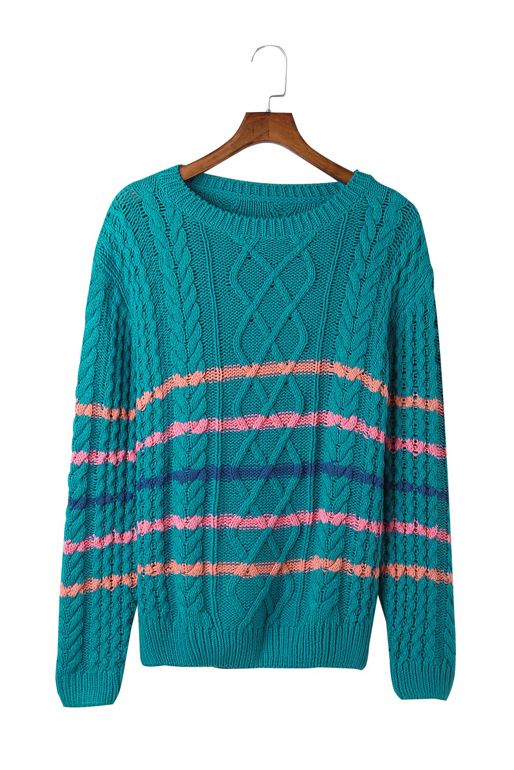 Green Striped Color Block Textured Knit Pullover Sweater